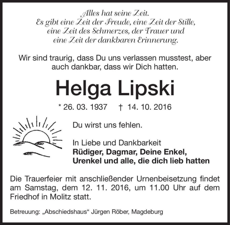  Traueranzeige für Helga Lipski  vom 29.10.2016 aus Magdeburger Volksstimme