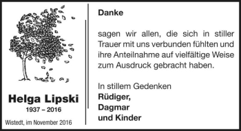 Traueranzeige von Helga Lipski  von Magdeburger Volksstimme