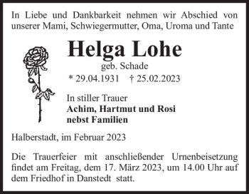 Traueranzeige von Helga Lohe (geb. Schade)  von Magdeburger Volksstimme