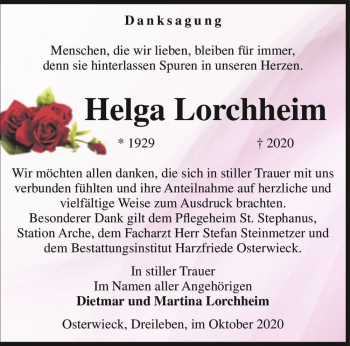 Traueranzeige von Helga Lorchheim  von Magdeburger Volksstimme