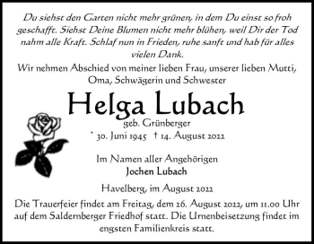 Traueranzeige von Helga Lubach (geb. Grünberger)  von Magdeburger Volksstimme