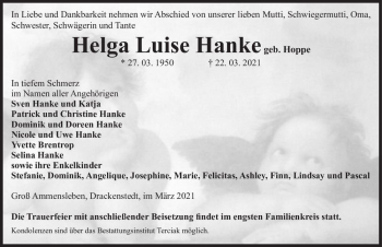 Traueranzeige von Helga Luise Hanke (geb. Hoppe)  von Magdeburger Volksstimme