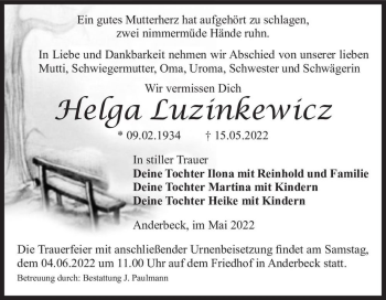 Traueranzeige von Helga Luzinkewicz  von Magdeburger Volksstimme