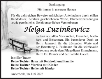 Traueranzeige von Helga Luzinkewicz  von Magdeburger Volksstimme