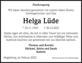 Traueranzeige von Helga Lüde  von Magdeburger Volksstimme