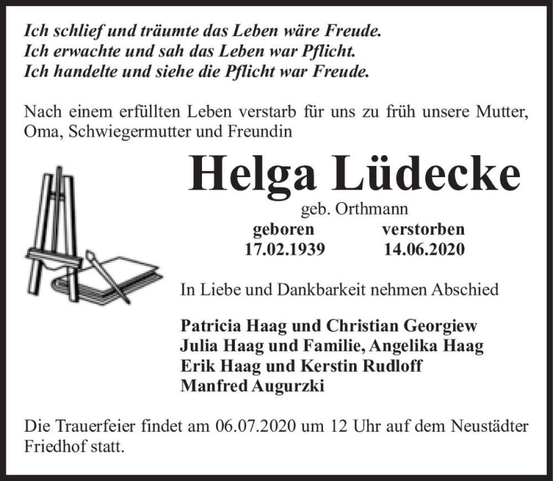  Traueranzeige für Helga Lüdecke (geb. Orthmann)  vom 27.06.2020 aus Magdeburger Volksstimme
