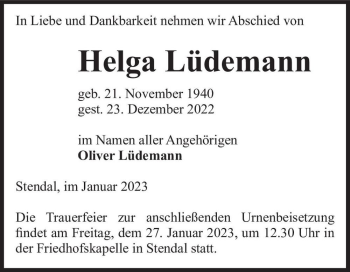 Traueranzeige von Helga Lüdemann  von Magdeburger Volksstimme
