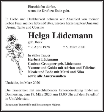 Traueranzeige von Helga Lüdemann (geb. Bock)  von Magdeburger Volksstimme