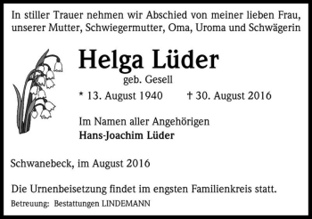 Traueranzeige von Helga Lüder (geb. Gesell)  von Magdeburger Volksstimme