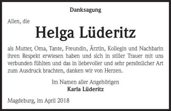 Traueranzeige von Helga Lüderitz  von Magdeburger Volksstimme