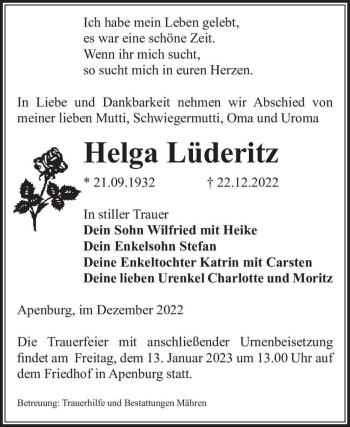 Traueranzeige von Helga Lüderitz  von Magdeburger Volksstimme