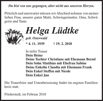 Traueranzeige von Helga Lüdtke (geb. Osterwald)  von Magdeburger Volksstimme