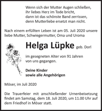 Traueranzeige von Helga Lüpke (geb. Dorl)  von Magdeburger Volksstimme