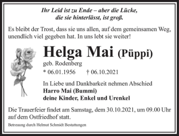 Traueranzeige von Helga Mai (Püppi) (geb. Rodenberg)  von Magdeburger Volksstimme