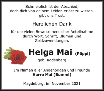 Traueranzeige von Helga Mai (Püppi) (geb. Rodenberg)  von Magdeburger Volksstimme