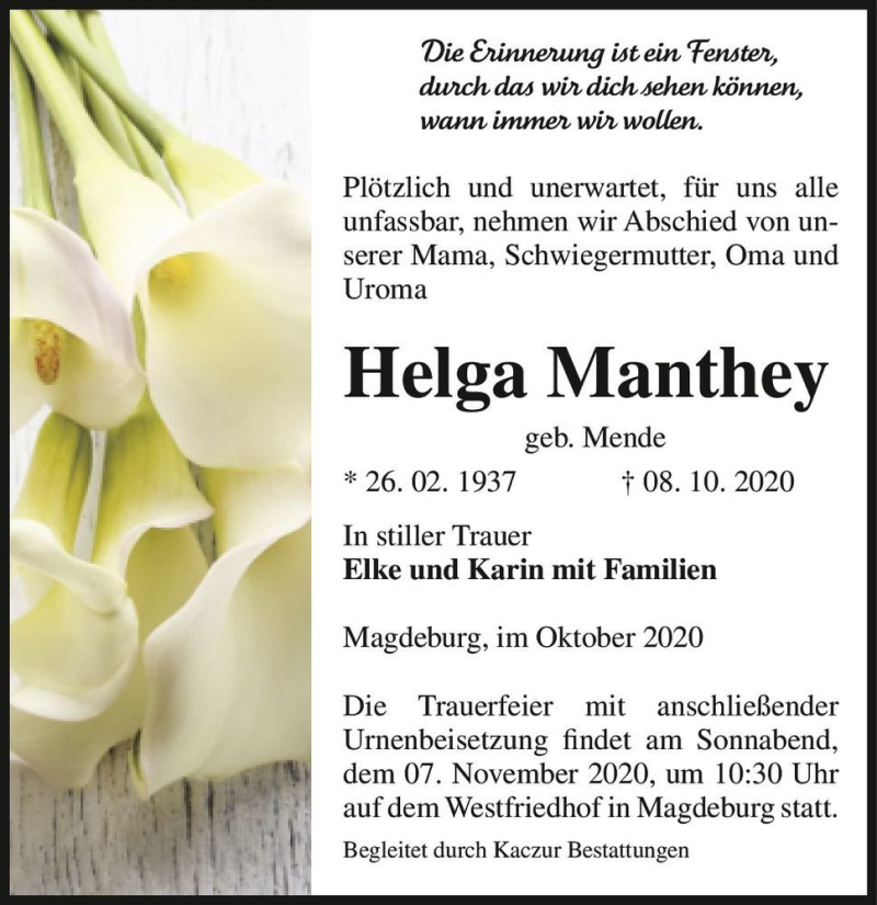 Traueranzeige für Helga Manthey (geb. Mende)  vom 17.10.2020 aus Magdeburger Volksstimme