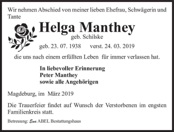 Traueranzeige von Helga Manthey (geb. Schilske)  von Magdeburger Volksstimme