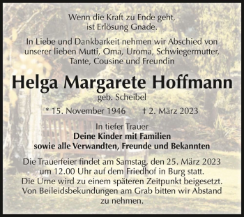 Traueranzeige von Helga Margarete Hoffmann (geb. Scheibel)  von Magdeburger Volksstimme