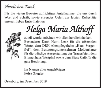 Traueranzeige von Helga Maria Althoff  von Magdeburger Volksstimme