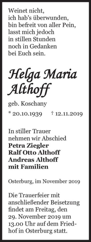 Traueranzeige von Helga Maria Althoff (geb. Koschany)  von Magdeburger Volksstimme