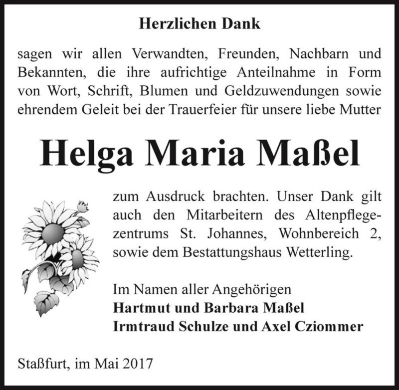  Traueranzeige für Helga Maria Maßel  vom 06.05.2017 aus Magdeburger Volksstimme
