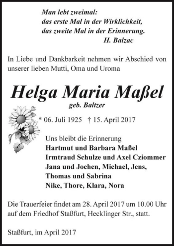 Traueranzeige von Helga Maria Maßel (geb. Baltzer)  von Magdeburger Volksstimme