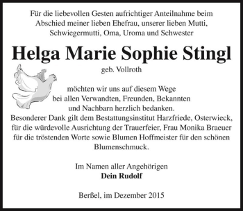 Traueranzeige von Helga Marie Sophie Stingl (geb. Vollroth)  von Magdeburger Volksstimme