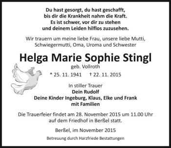 Traueranzeige von Helga Marie Sophie Stingl (geb. Vollroth)  von Magdeburger Volksstimme