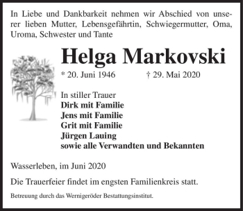 Traueranzeige von Helga Markovski  von Magdeburger Volksstimme
