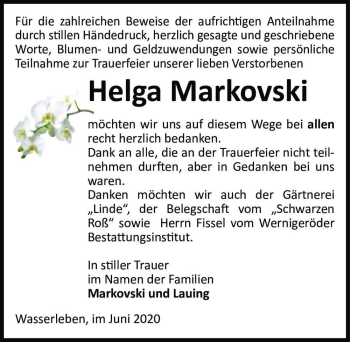 Traueranzeige von Helga Markovski  von Magdeburger Volksstimme