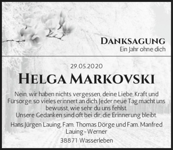Traueranzeige von Helga Markovski  von Magdeburger Volksstimme