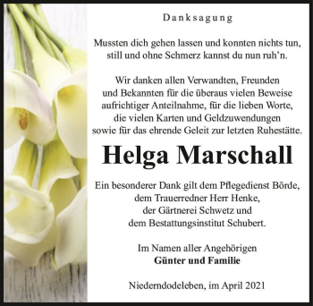 Traueranzeige von Helga Marschall  von Magdeburger Volksstimme