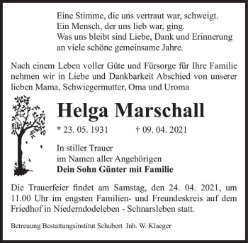 Traueranzeige von Helga Marschall  von Magdeburger Volksstimme