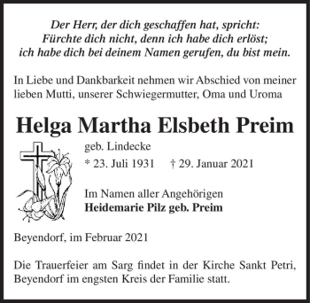 Traueranzeige von Helga Martha Elsbeth Preim (geb. Lindecke)  von Magdeburger Volksstimme