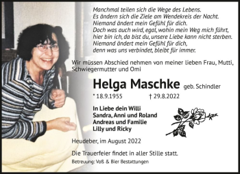 Traueranzeige von Helga Maschke (geb. Schindler)  von Magdeburger Volksstimme