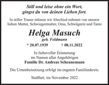 Traueranzeige von Helga Masuch (geb. Feldmann)  von Magdeburger Volksstimme