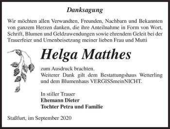 Traueranzeige von Helga Matthes  von Magdeburger Volksstimme