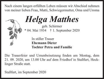 Traueranzeige von Helga Matthes (geb. Schirmer)  von Magdeburger Volksstimme