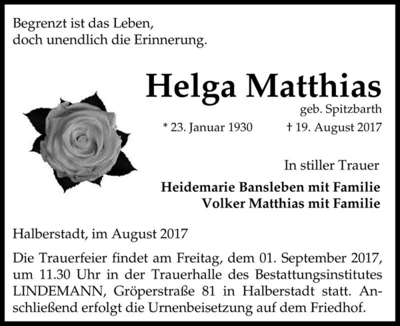  Traueranzeige für Helga Matthias (geb. Spitzbarth)  vom 26.08.2017 aus Magdeburger Volksstimme
