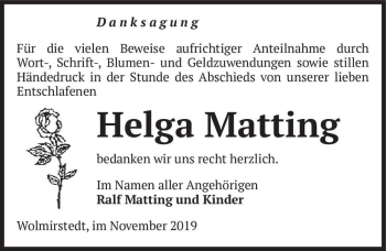 Traueranzeige von Helga Matting  von Magdeburger Volksstimme