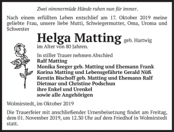 Traueranzeige von Helga Matting (geb. Hartwig)  von Magdeburger Volksstimme