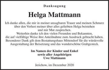 Traueranzeige von Helga Mattmann  von Magdeburger Volksstimme