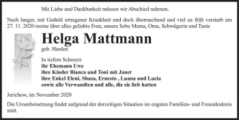 Traueranzeige von Helga Mattmann (geb. Harden)  von Magdeburger Volksstimme
