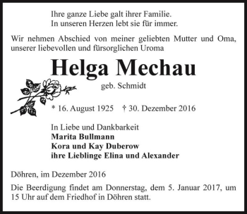 Traueranzeige von Helga Mechau (geb. Schmidt)  von Magdeburger Volksstimme