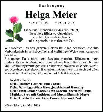 Traueranzeige von Helga Meier  von Magdeburger Volksstimme