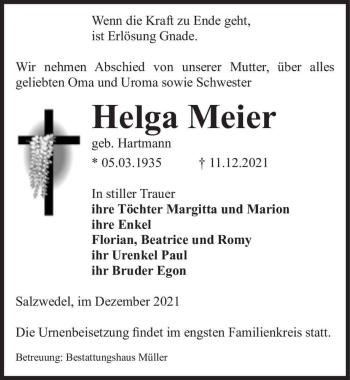 Traueranzeige von Helga Meier (geb. Hartmann)  von Magdeburger Volksstimme