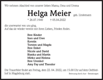 Traueranzeige von Helga Meier (geb. Lindemann)  von Magdeburger Volksstimme