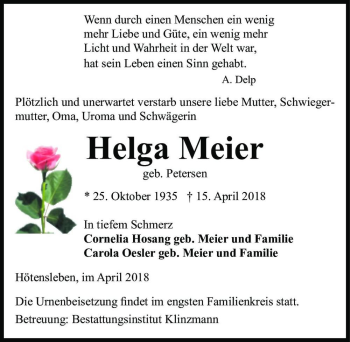 Traueranzeige von Helga Meier (geb. Petersen)  von Magdeburger Volksstimme