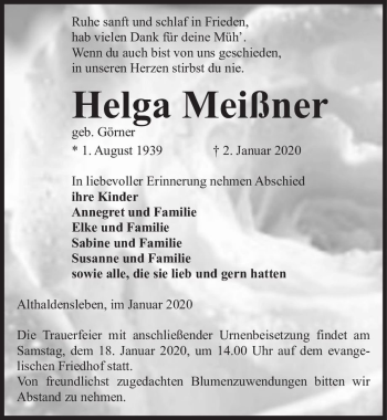 Traueranzeige von Helga Meißner (geb. Görner)  von Magdeburger Volksstimme