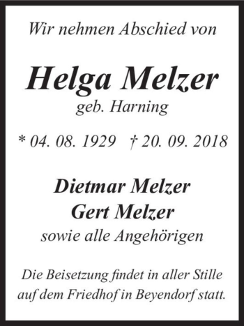 Traueranzeige von Helga Melzer (geb. Harning)  von Magdeburger Volksstimme